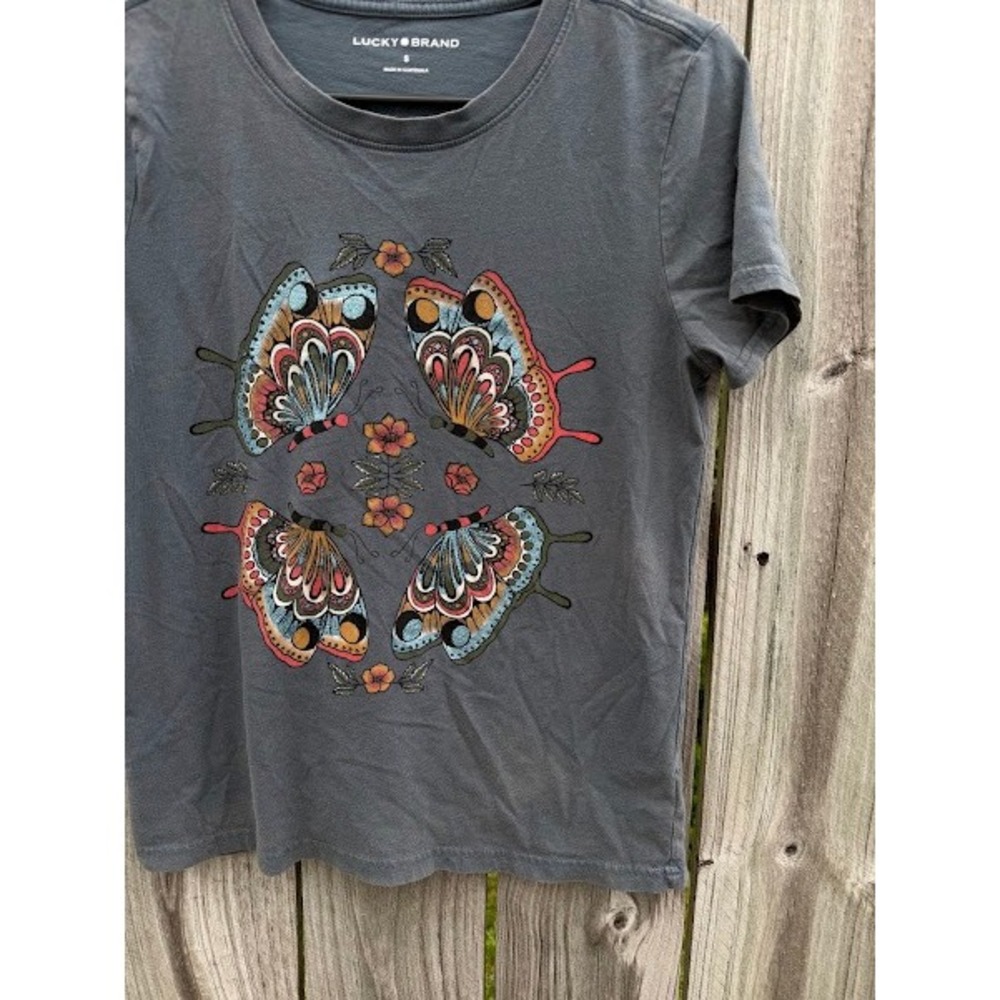 Boho Graphic Butterfly Lucky Brand T-Shirt Womens Small Gray - Picture 3 of 5